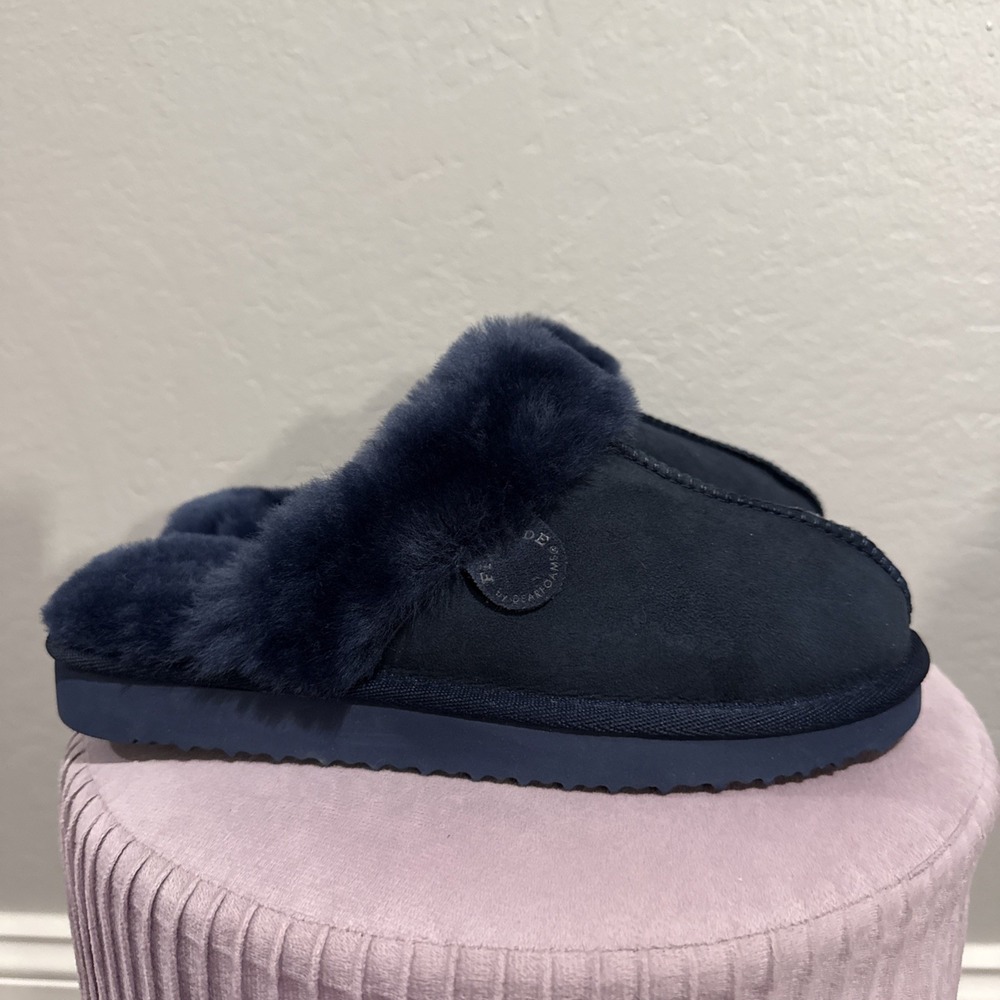 Fireside by Dearfoams Sydney Blue Suede Sheepskin Slippers Womens 8 Navy Slip On